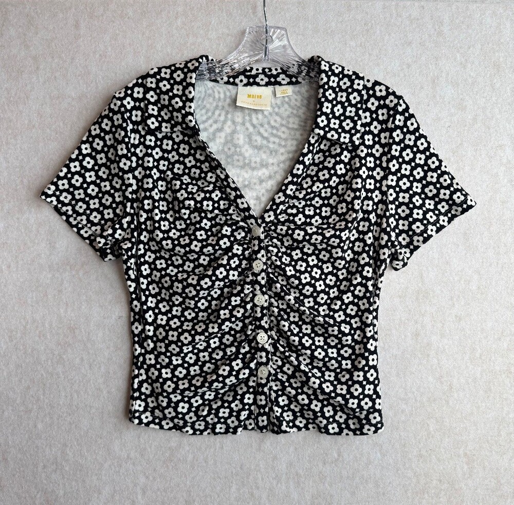 Maeve Anthropologie Women’s L Black White Floral Ruched Button Front Top
